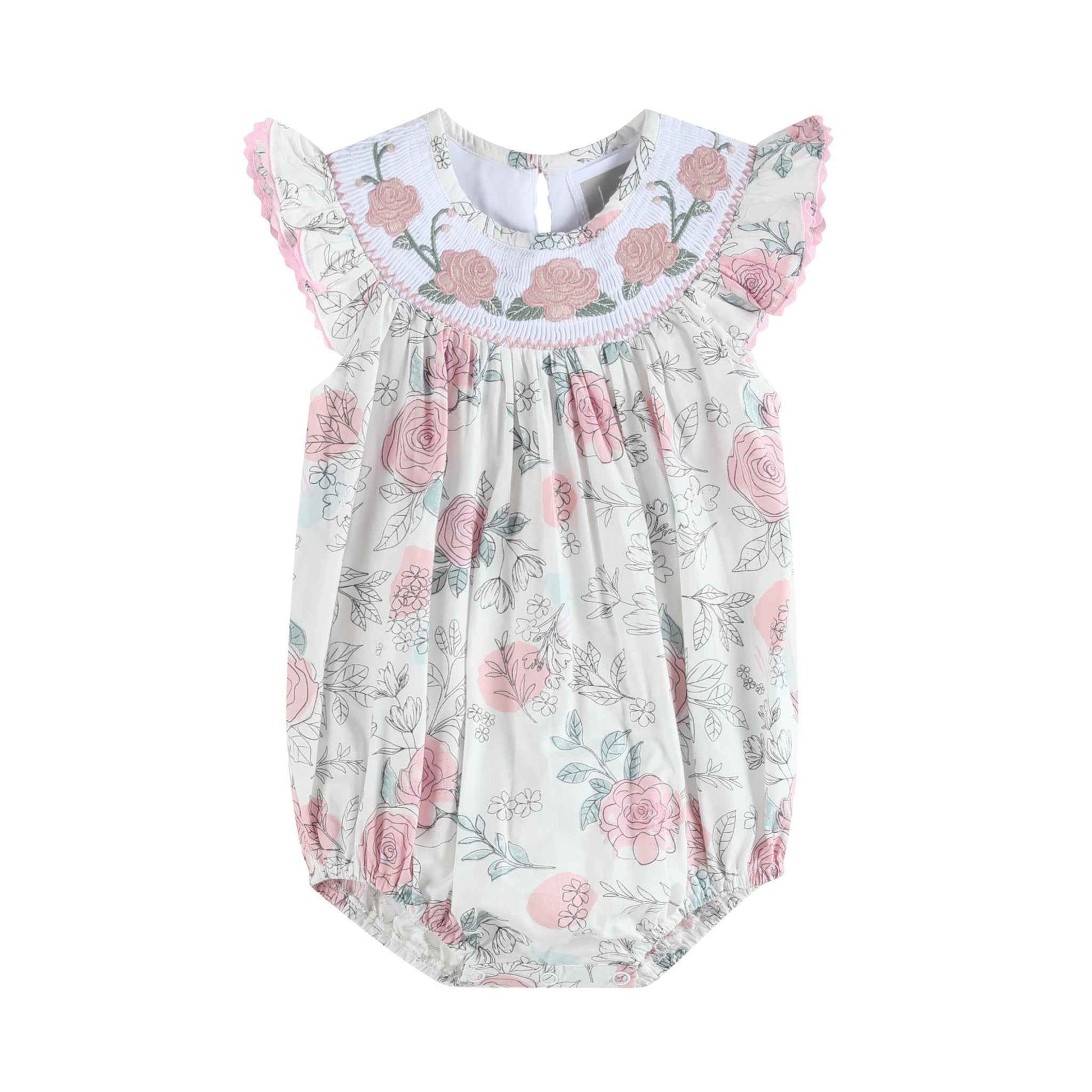 White and Pink Floral Smocked Flutter Romper - Abbies Place