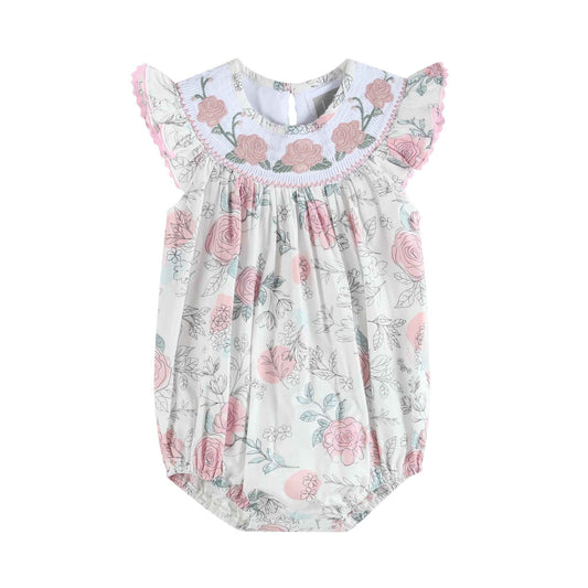 White and Pink Floral Smocked Flutter Romper - Abbies Place