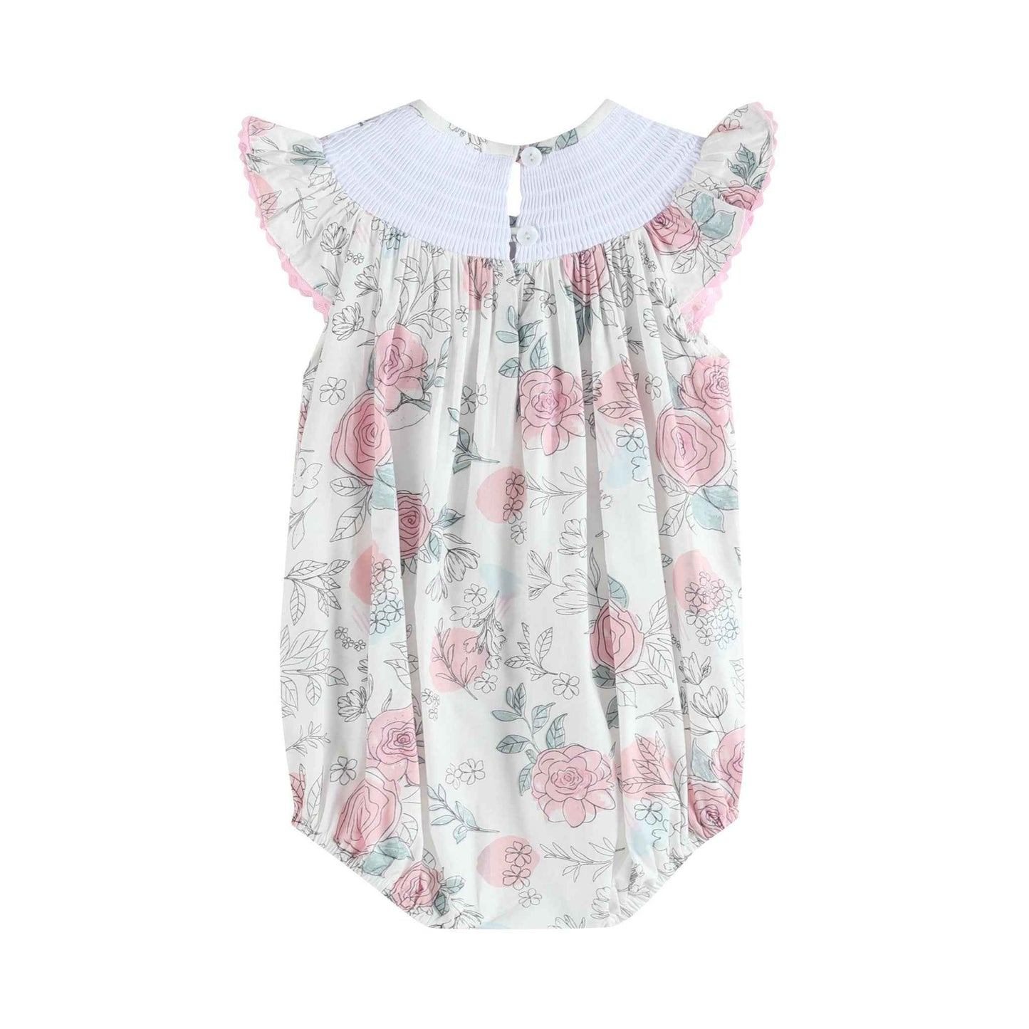 White and Pink Floral Smocked Flutter Romper