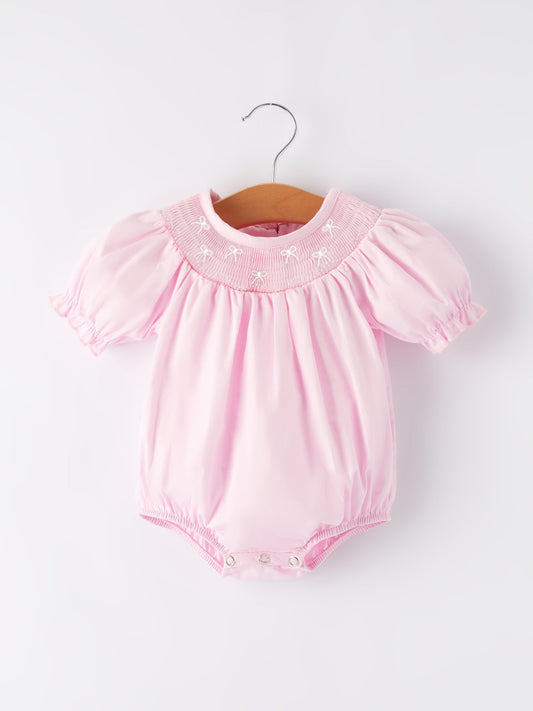 White Bow Smock Embroidered Pink Romper - Abbies Place