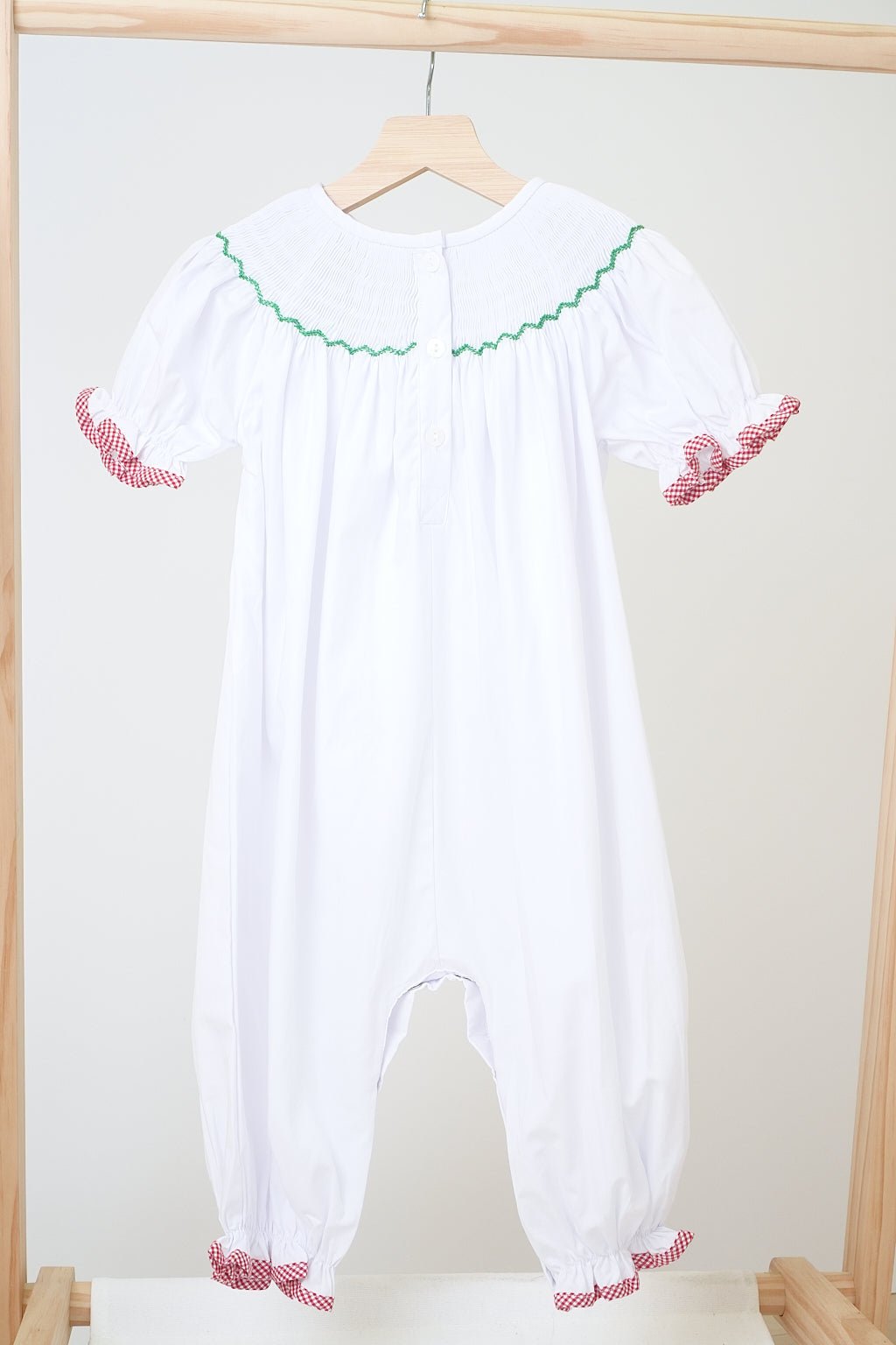 White chrismtas tree hand smocked girl romper - Abbies Place
