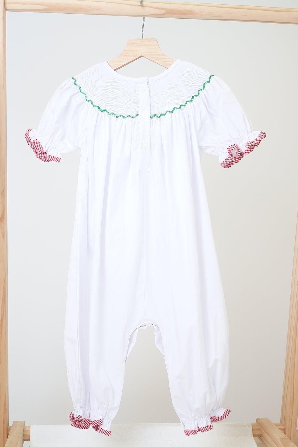 White chrismtas tree hand smocked girl romper - Abbies Place