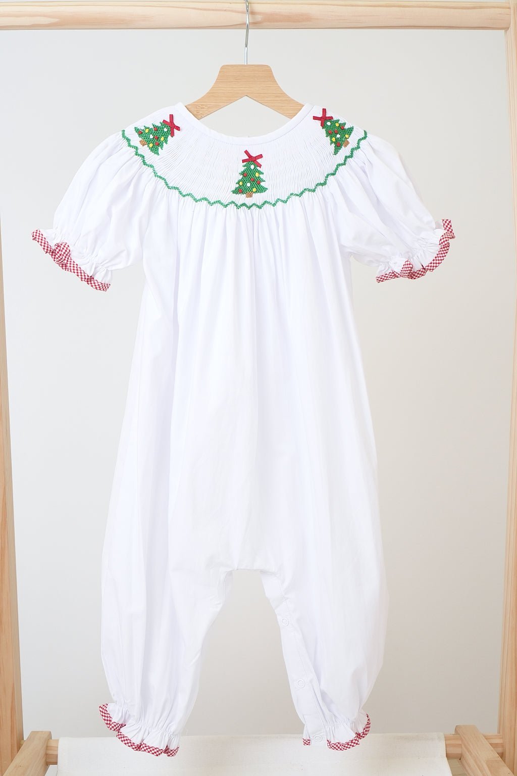 White chrismtas tree hand smocked girl romper - Abbies Place
