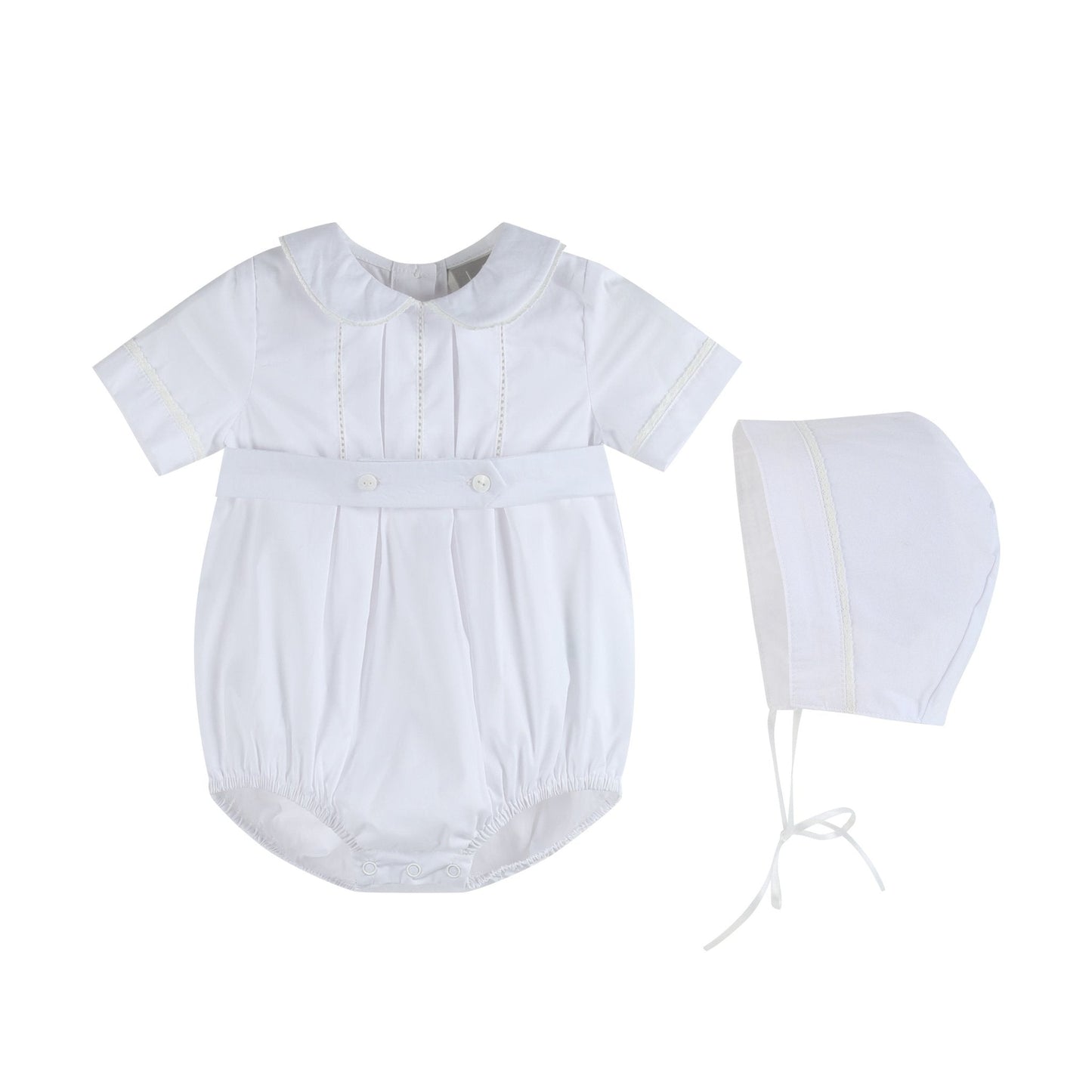 White Collared Button Romper with Bonnet - Abbies Place