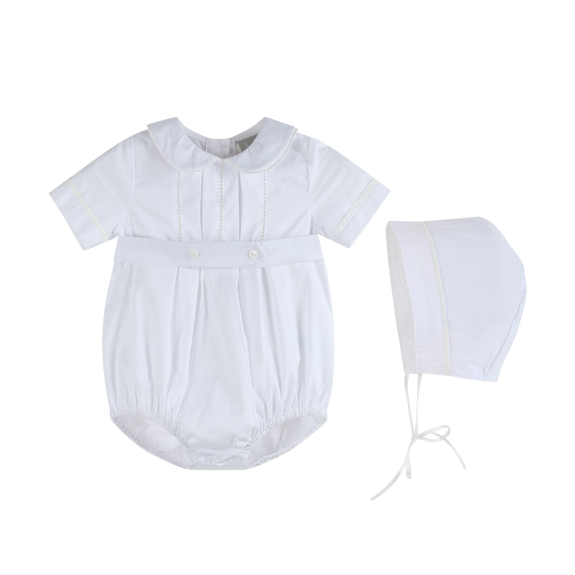 White Collared Button Romper with Bonnet - Abbies Place
