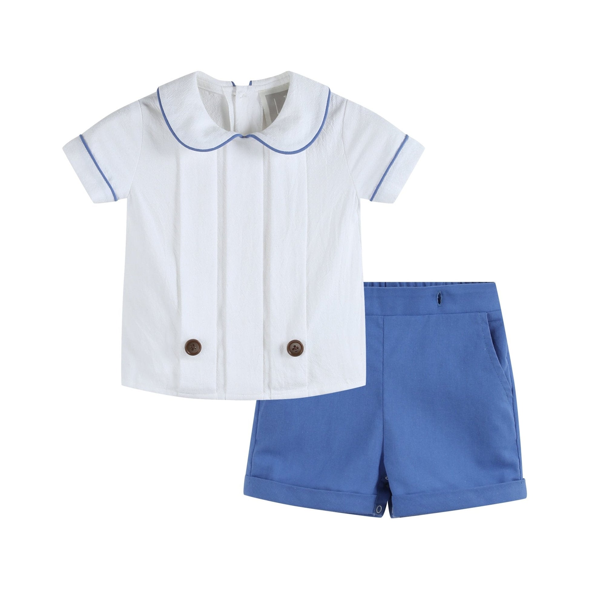White Collared Top and Blue Button Shorts - Abbies Place