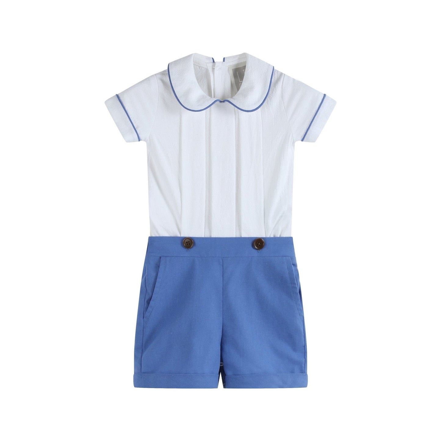 White Collared Top and Blue Button Shorts - Abbies Place