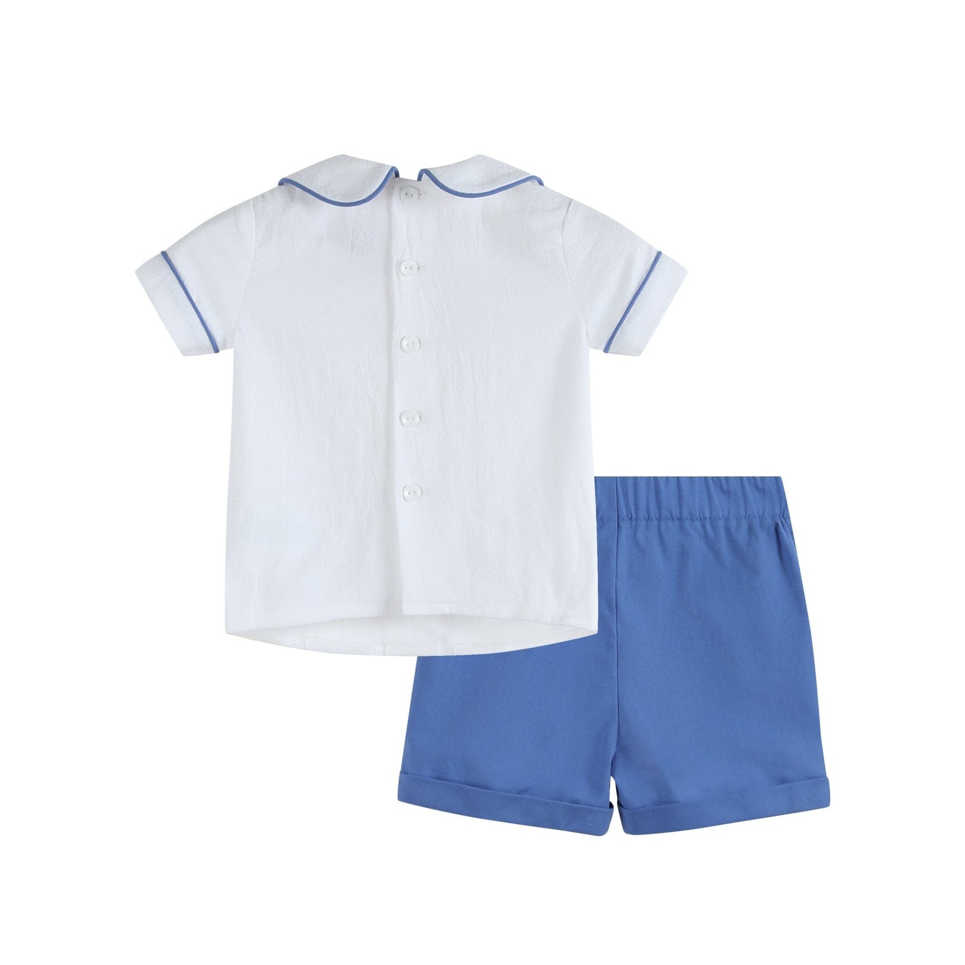 White Collared Top and Blue Button Shorts - Abbies Place