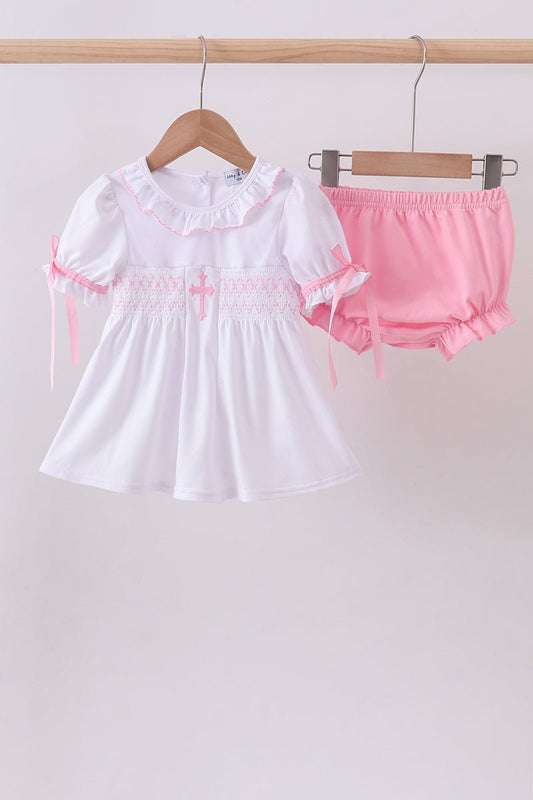 White cross smocked ruffle bloomer set - Abbies Place