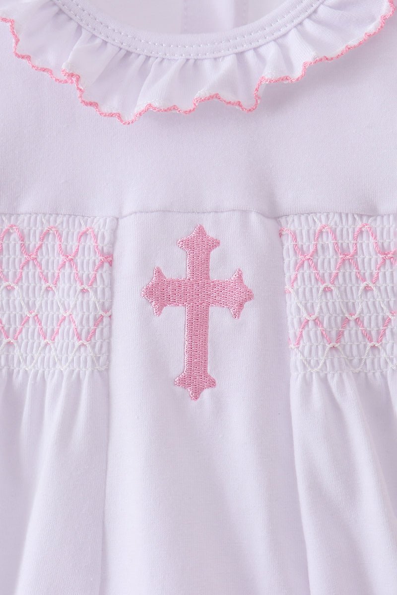White cross smocked ruffle bubble - Abbies Place