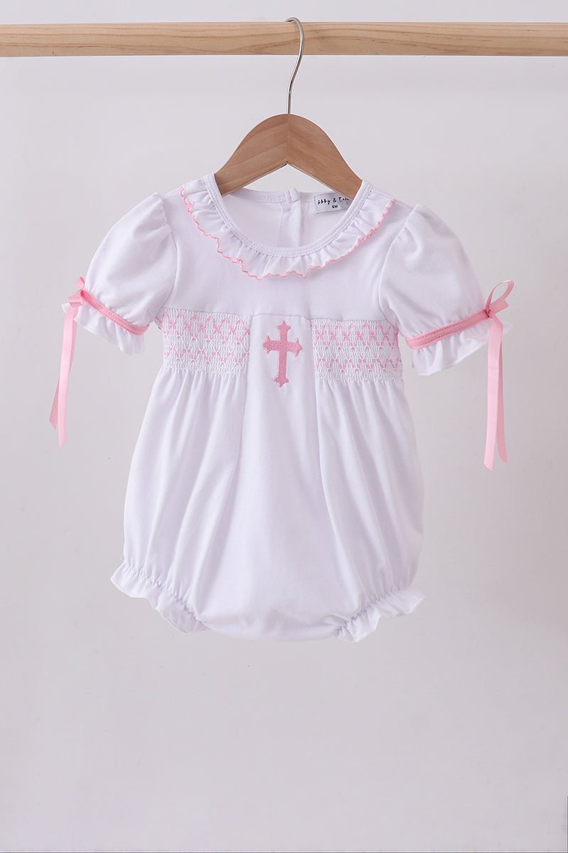 White cross smocked ruffle bubble - Abbies Place