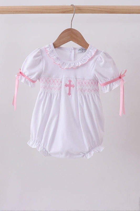 White cross smocked ruffle bubble - Abbies Place