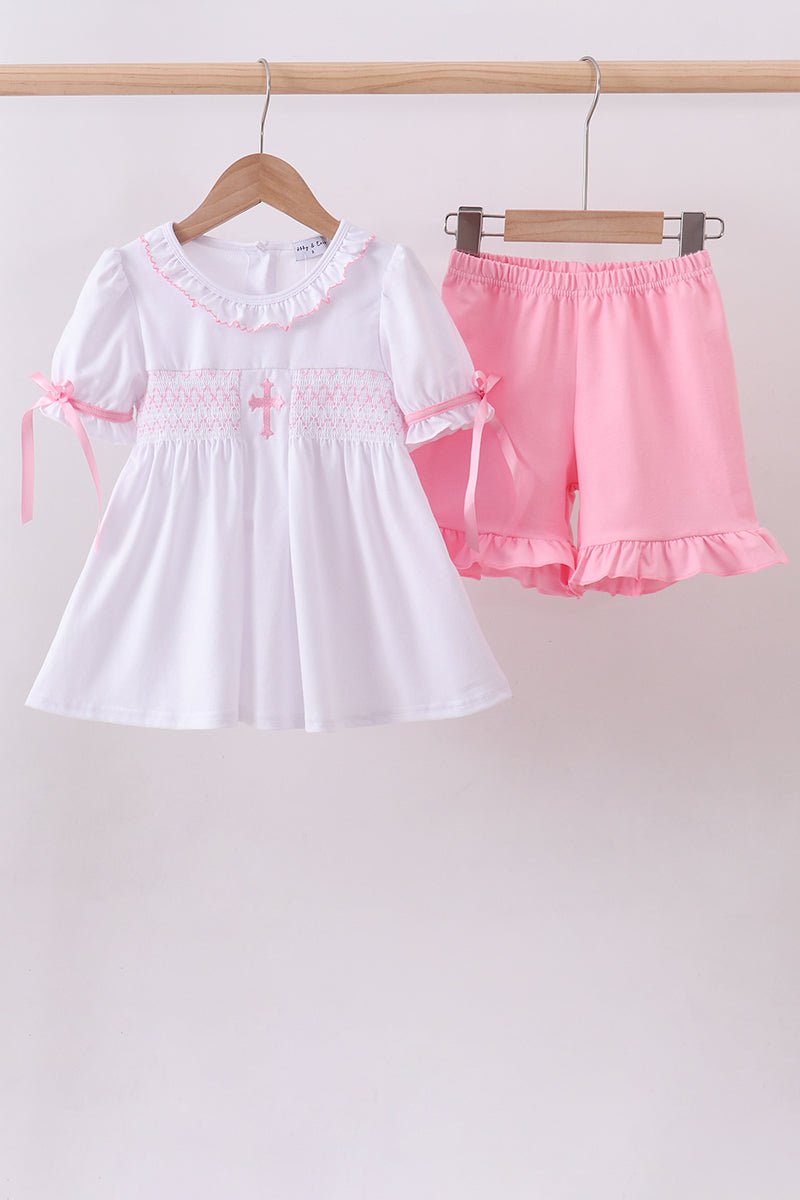 White cross smocked ruffle shorts set - Abbies Place