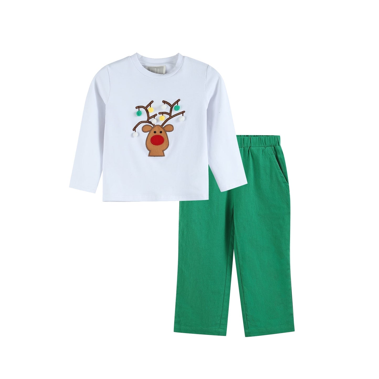 White Pompom Reindeer and Green Pants Set - Abbies Place