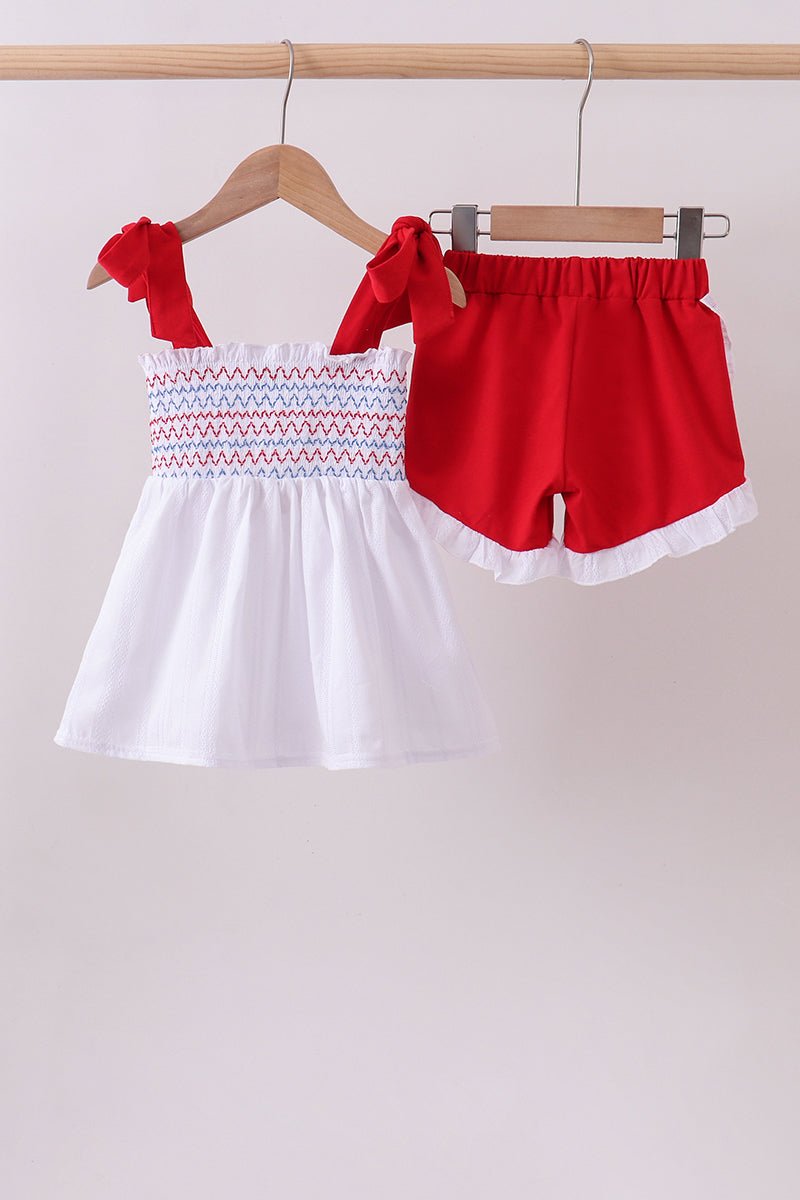 White smocked jacquard ruffle shorts set - Abbies Place