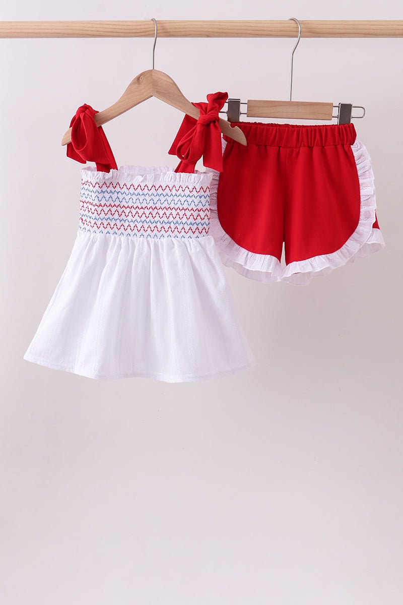 White smocked jacquard ruffle shorts set - Abbies Place