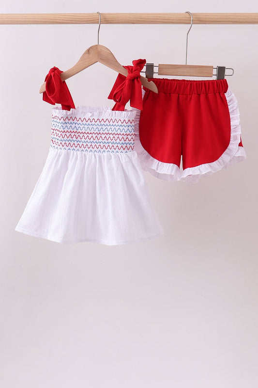 White smocked jacquard ruffle shorts set - Abbies Place