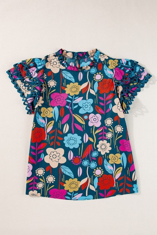 Women Trimmed Ruffle Sleeve Summer Floral Blouse - Abbies Place