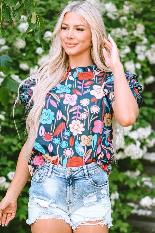 Women Trimmed Ruffle Sleeve Summer Floral Blouse - Abbies Place