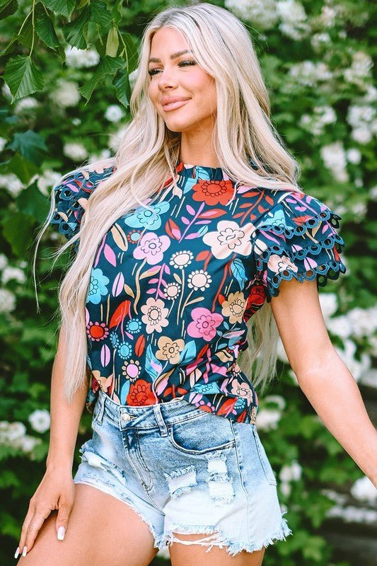 Women Trimmed Ruffle Sleeve Summer Floral Blouse - Abbies Place
