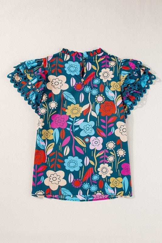 Women Trimmed Ruffle Sleeve Summer Floral Blouse - Abbies Place