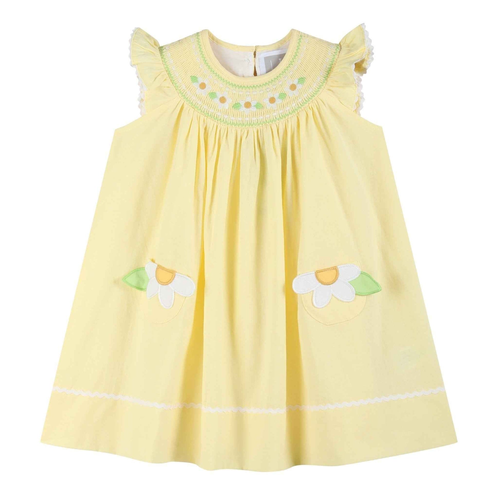 Yellow Daisy Pocketed Smocked Bishop Dress - Abbies Place