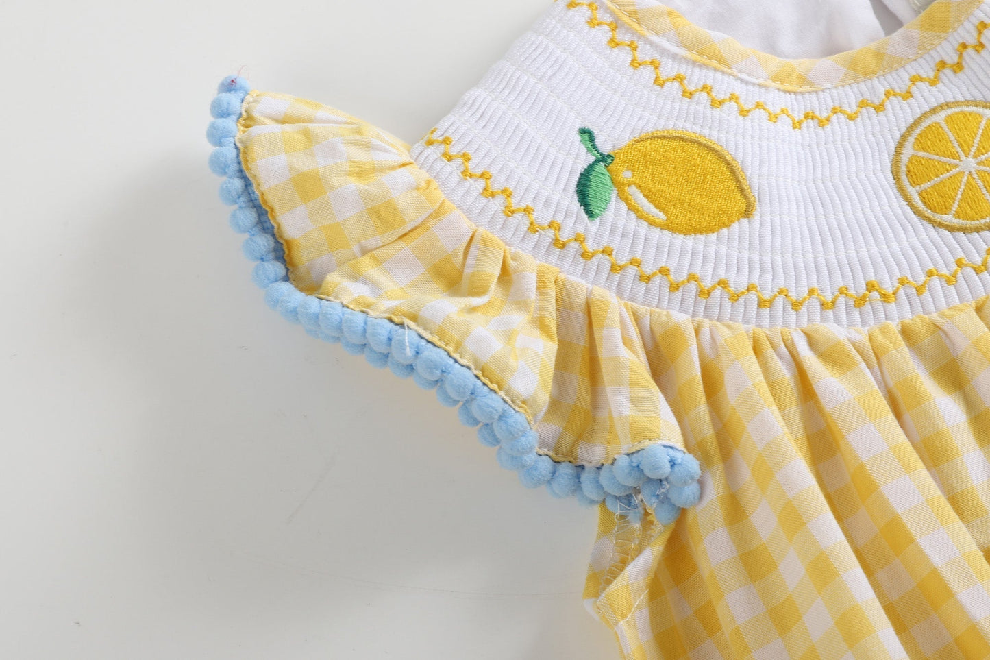 Yellow Gingham Lemon Smocked Flutter Romper - Abbies Place