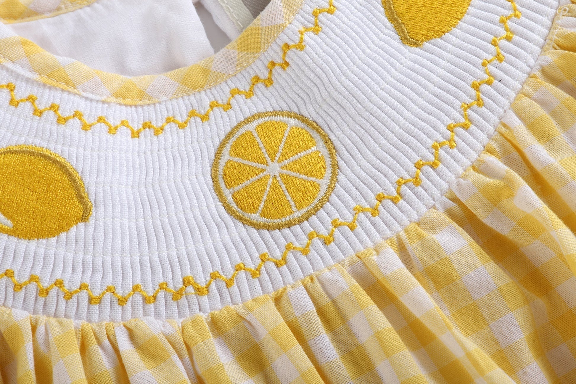 Yellow Gingham Lemon Smocked Flutter Romper - Abbies Place