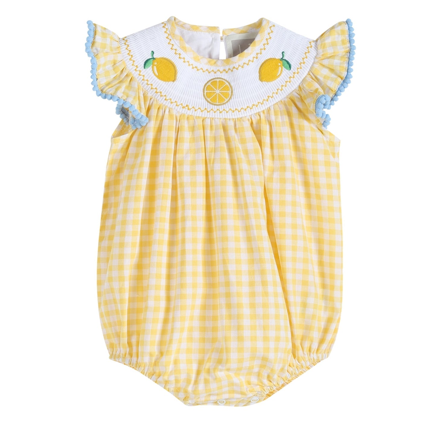Yellow Gingham Lemon Smocked Flutter Romper - Abbies Place