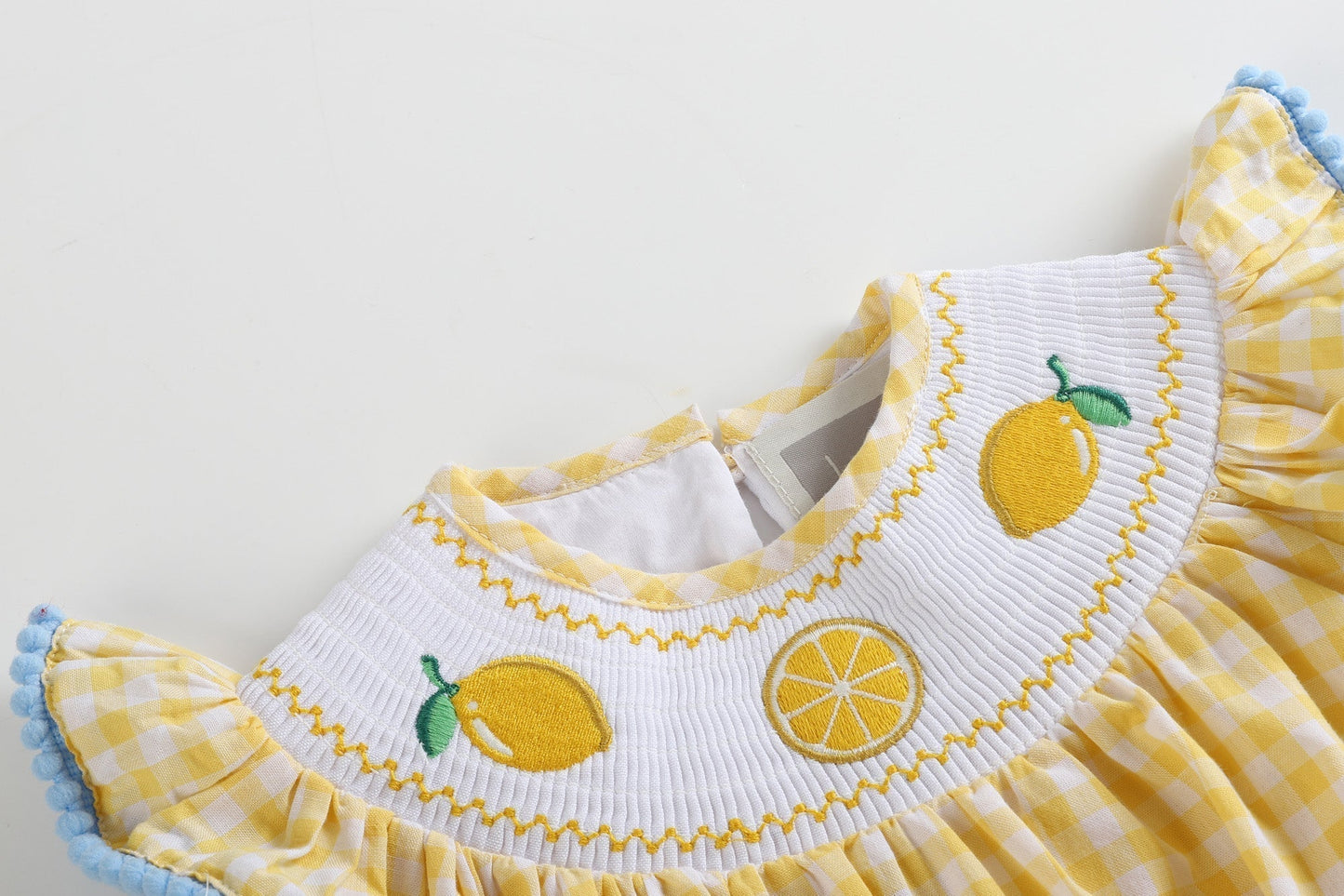 Yellow Gingham Lemon Smocked Flutter Romper - Abbies Place