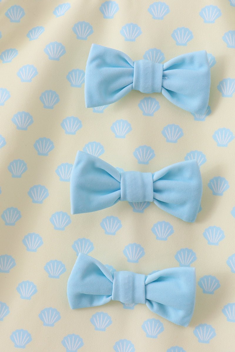 Yellow shell print bow ruffle swimsuit - Abbies Place
