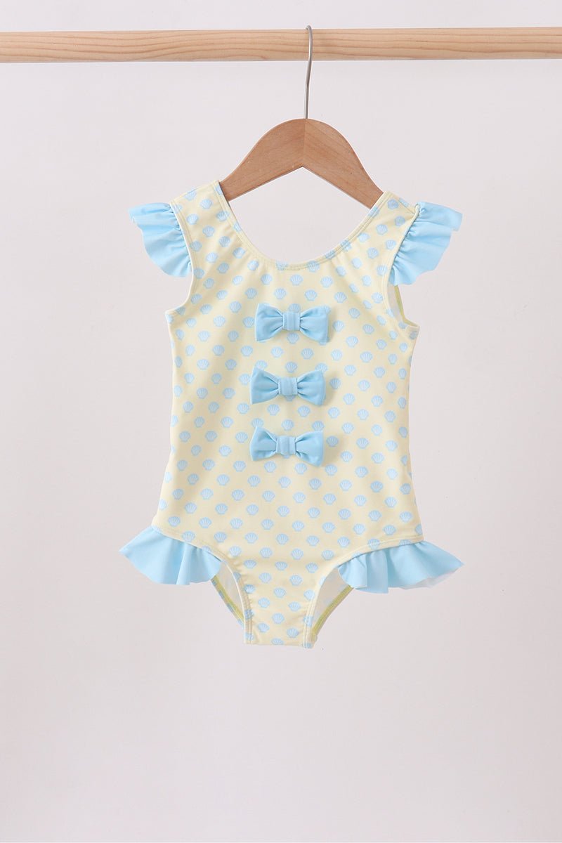 Yellow shell print bow ruffle swimsuit - Abbies Place
