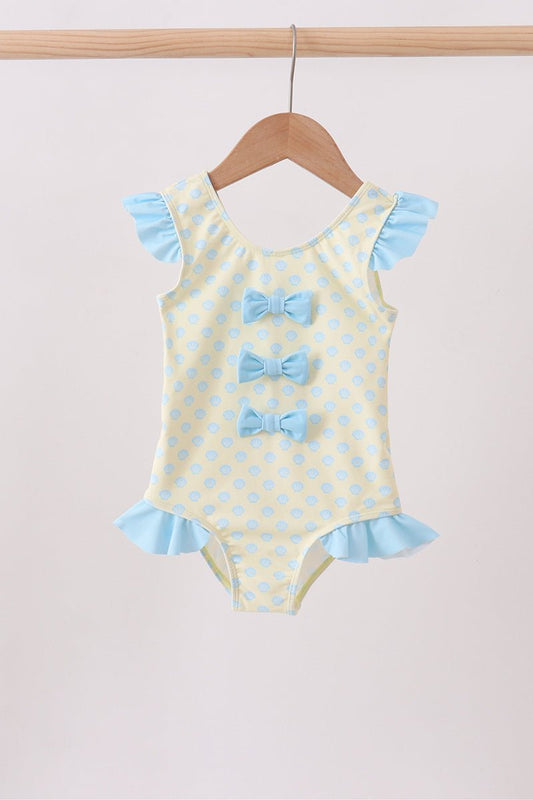 Yellow shell print bow ruffle swimsuit - Abbies Place
