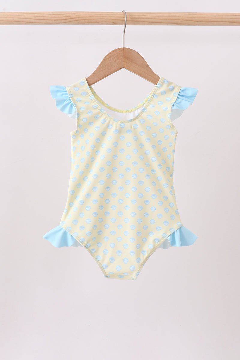 Yellow shell print bow ruffle swimsuit - Abbies Place