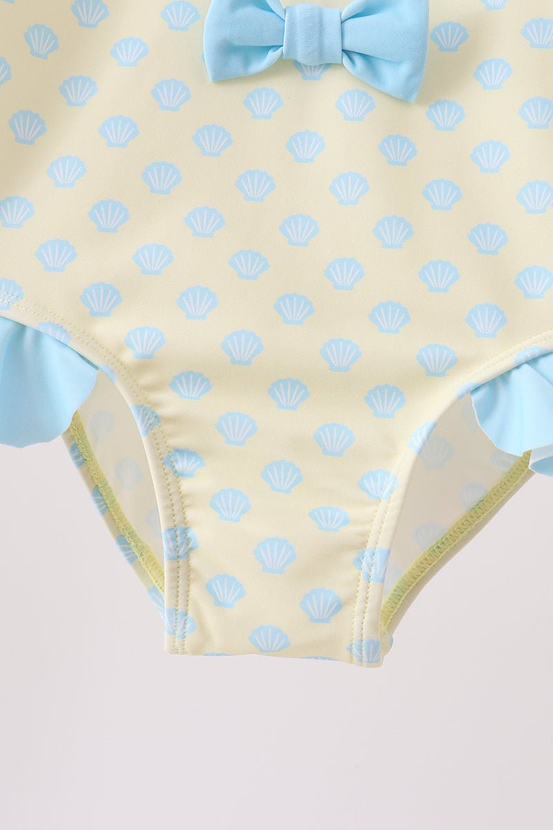 Yellow shell print bow ruffle swimsuit - Abbies Place