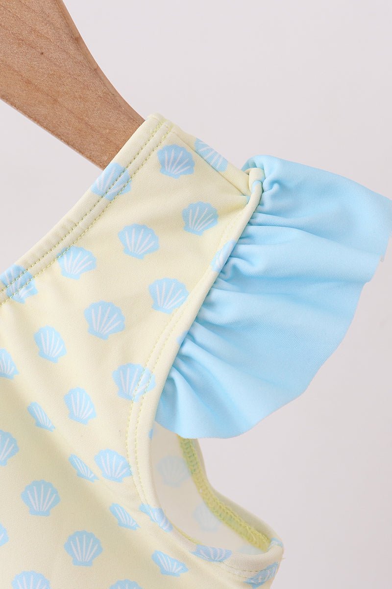 Yellow shell print bow ruffle swimsuit - Abbies Place